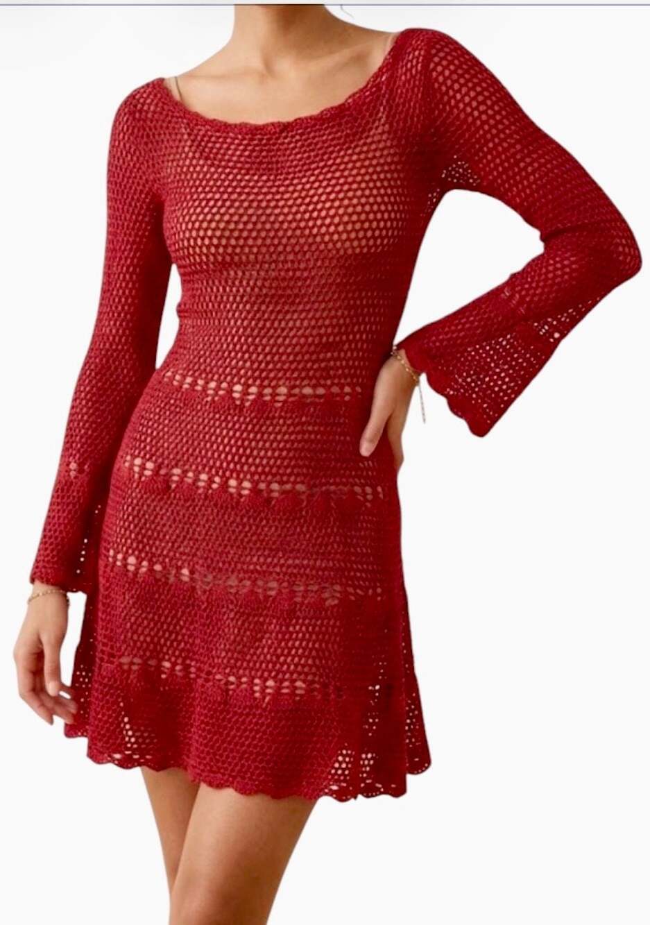 Free People Red Long Sleeve Crochet Mini Dress Size Medium